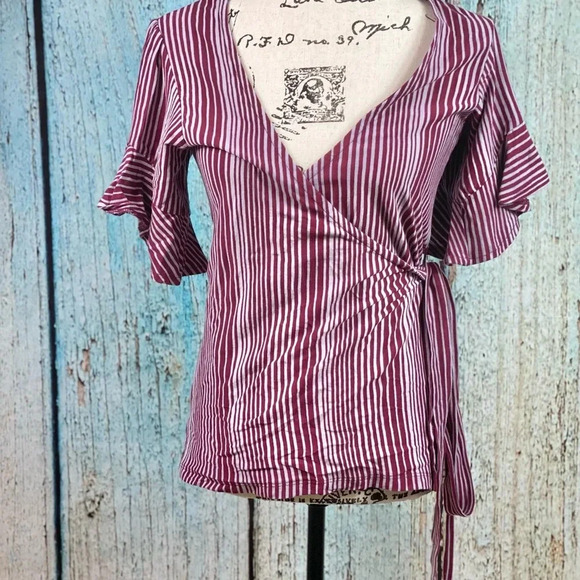 Free People NWT Wine Wrapped Around My Finger Cotton Striped Wrap Top - Picture 8 of 13